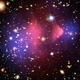This composite image of the so-called “Bullet Cluster” is strong evidence for the existence of dark matter. (Image: X-ray: NASA/CXC/CfA/ M.Markevitch et al.; Lensing Map: NASA/STScI; ESO WFI; Magellan/U.Arizona/; D.Clowe et al.; Optical: NASA/STScI; Magellan/U.Arizona/D.Clowe et al.